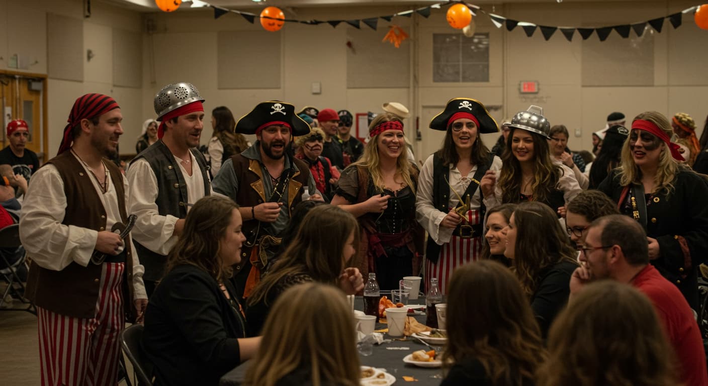 様々なクオリティの海賊仮装をした人々が楽しむハロウィンパーティー
