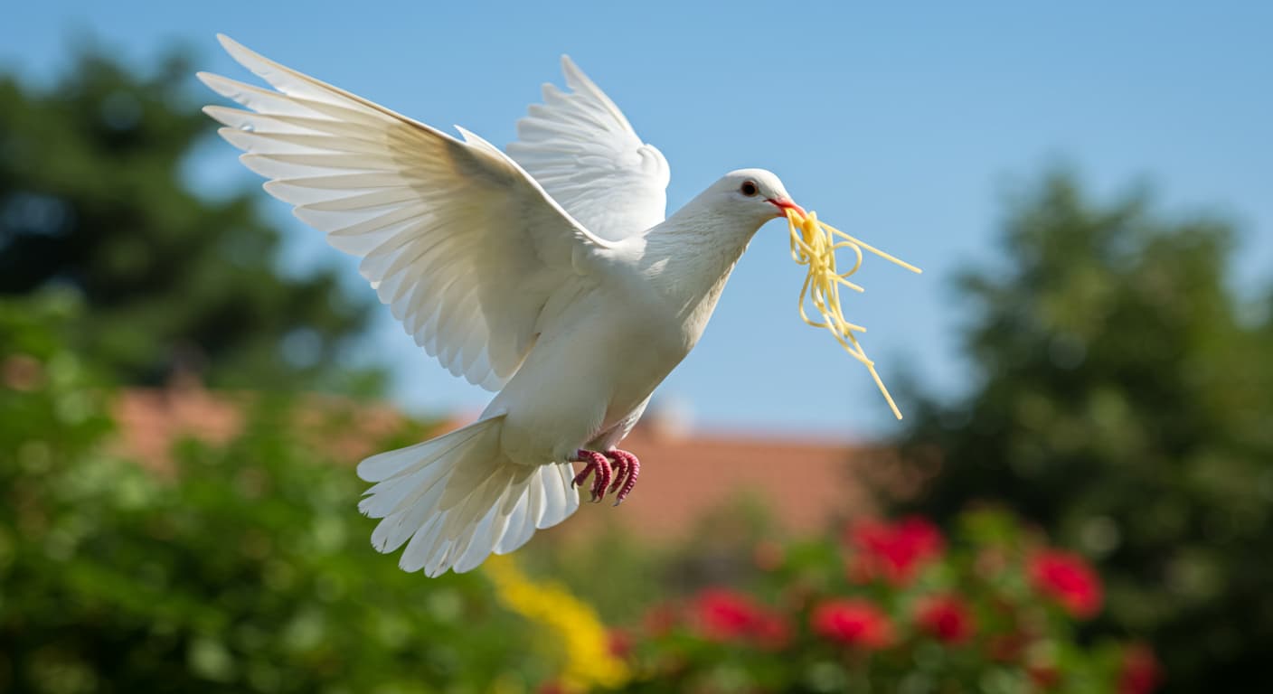 スパゲッティをくわえた白い鳩