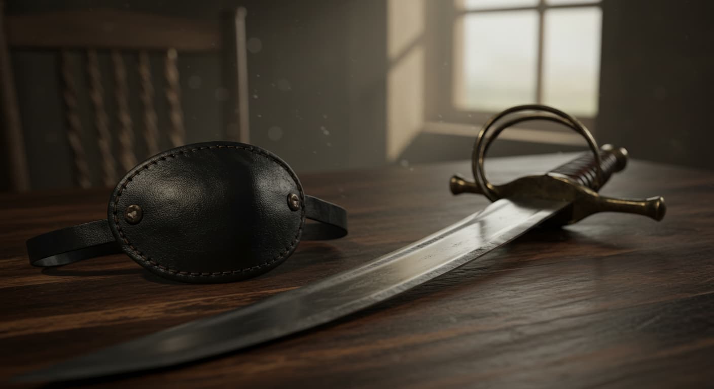 テーブルの上に置かれた海賊の眼帯と剣