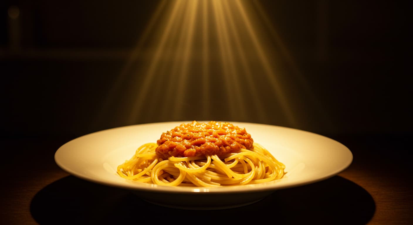 後光が差しているかのように照らされた一皿のスパゲッティ