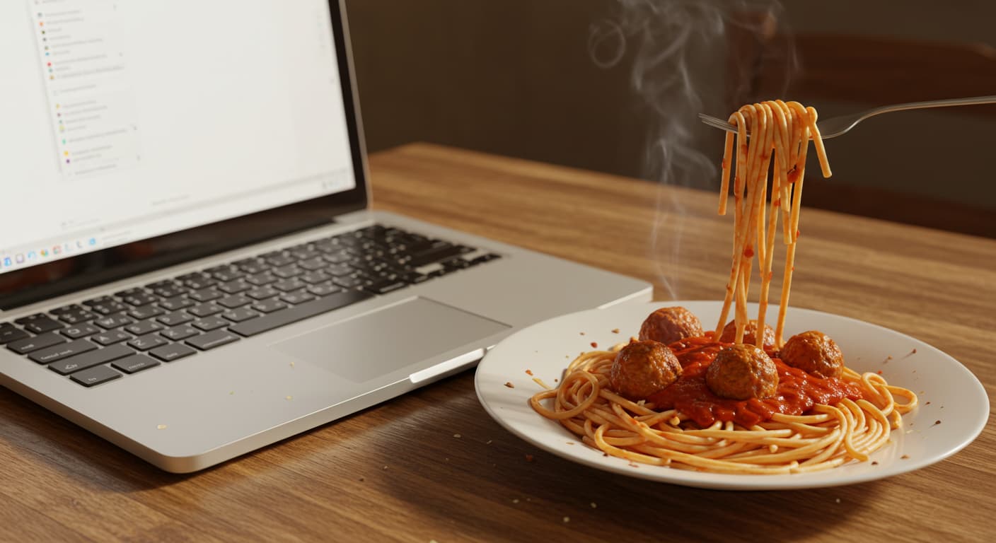 リニューアルされた公式サイトが表示されたノートパソコンと、その横に置かれた一皿のスパゲッティ