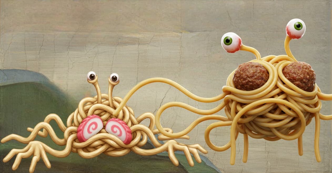 スパゲッティとうどんの先端が触れ合う、アダムの創造のパロディ